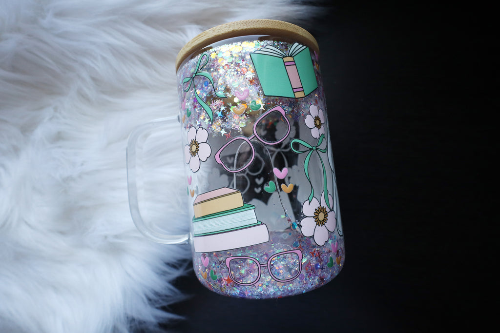 12oz Glass Snow Globe Mug Tumbler - Spooky Book Worm Ghost