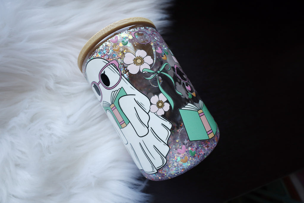 12oz Glass Snow Globe Mug Tumbler - Spooky Book Worm Ghost