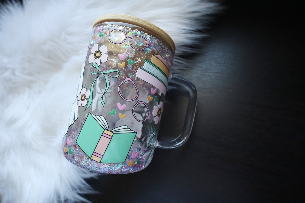 12oz Glass Snow Globe Mug Tumbler - Spooky Book Worm Ghost