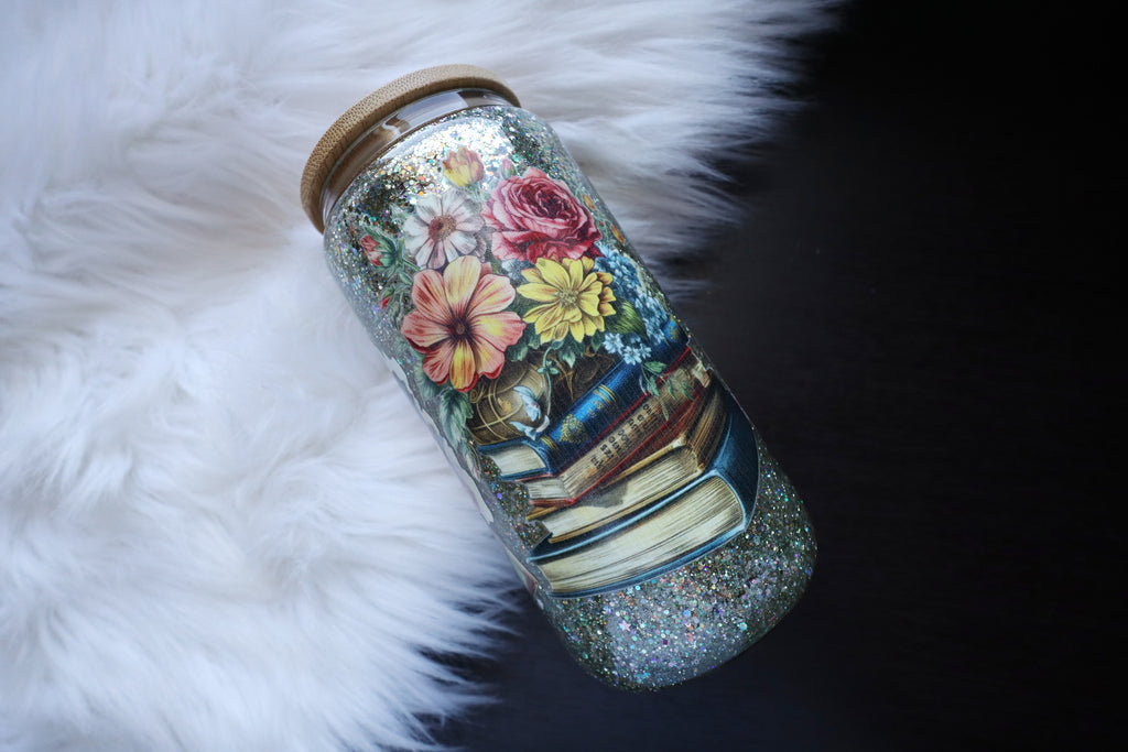 16oz Glass Snow Globe Tumbler - Bookish Floral
