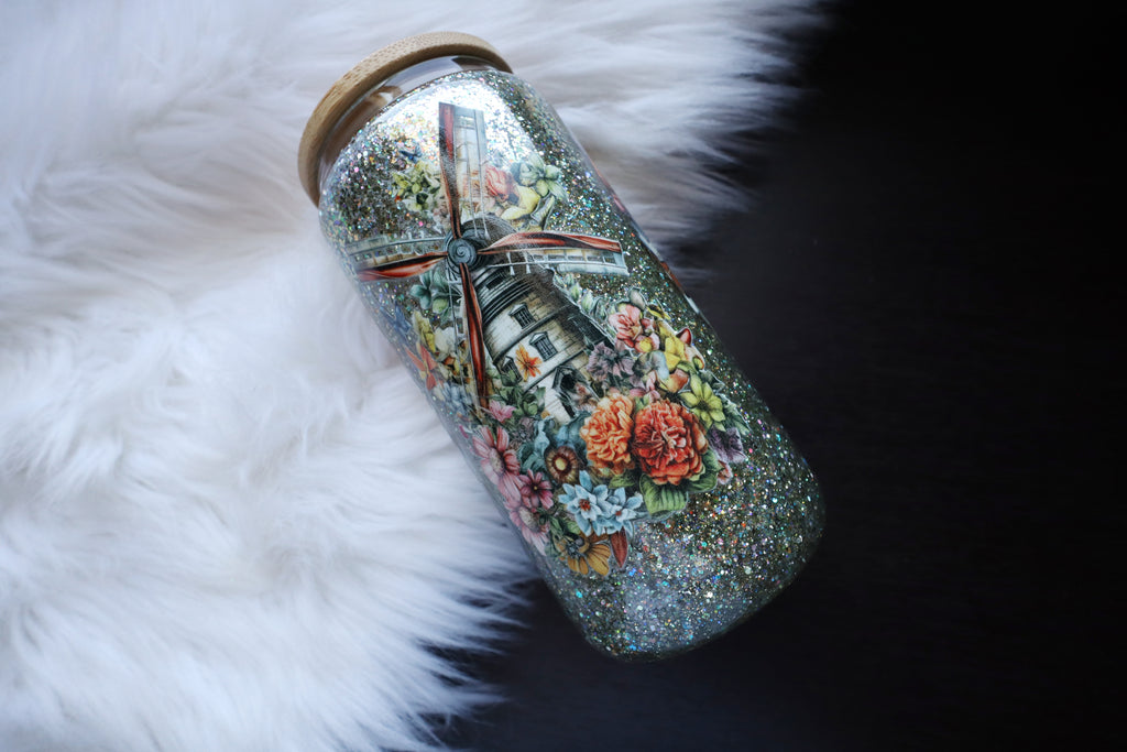 16oz Glass Snow Globe Tumbler - Bookish Floral