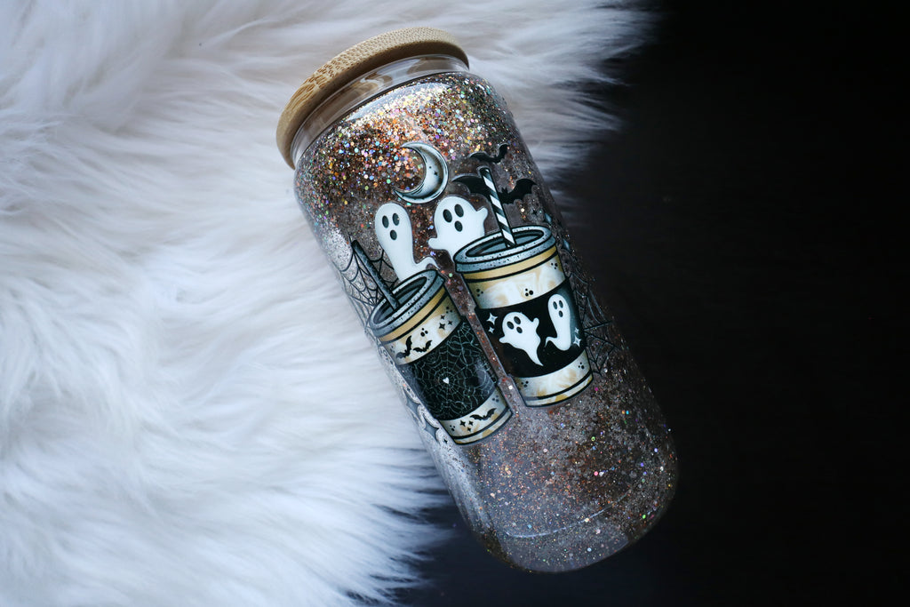 16oz Glass Snow Globe Tumbler - Spooky Coffee