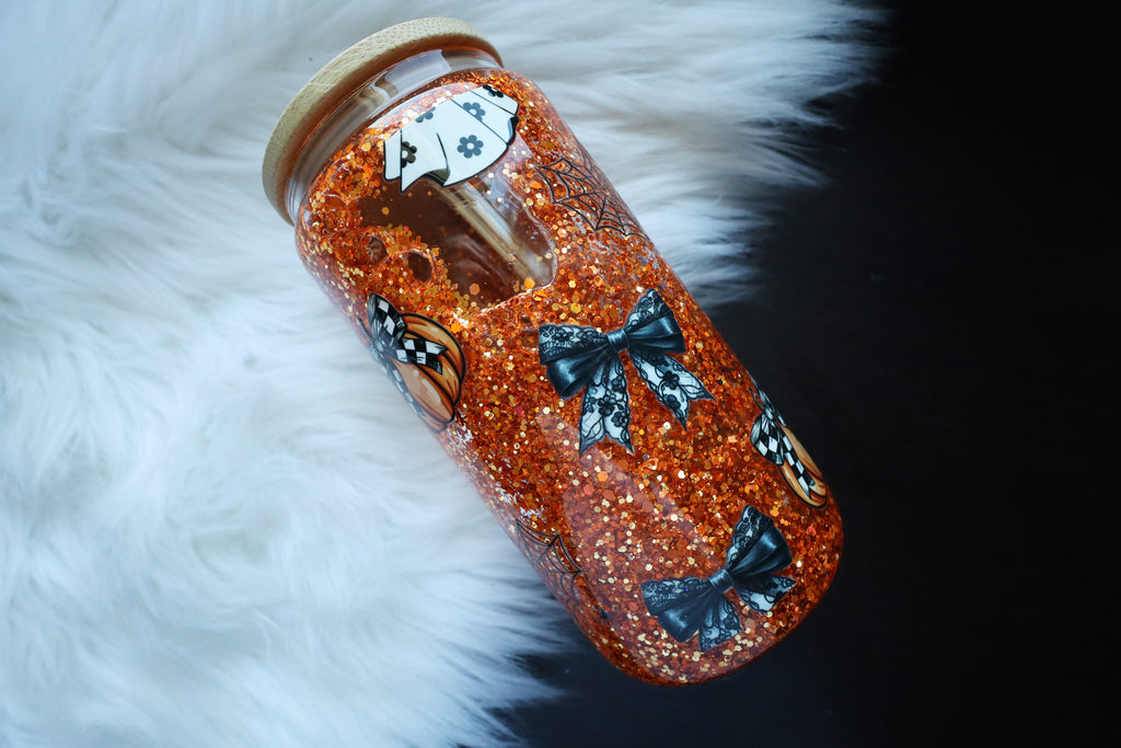 14oz Glass Snow Globe Can Tumbler - Pumpkins & Bows