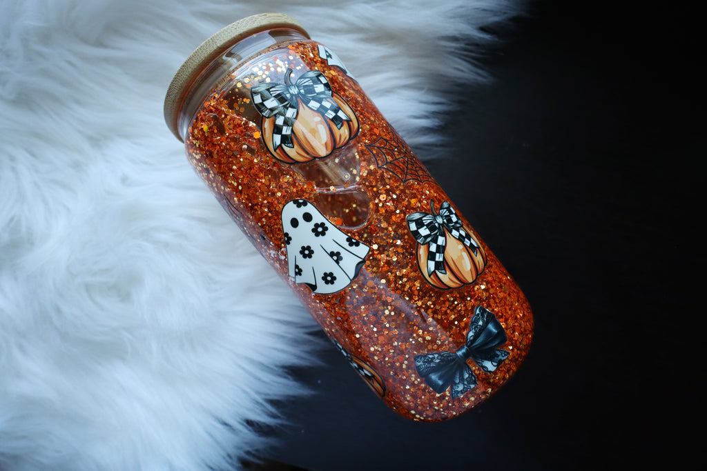 14oz Glass Snow Globe Can Tumbler - Pumpkins & Bows