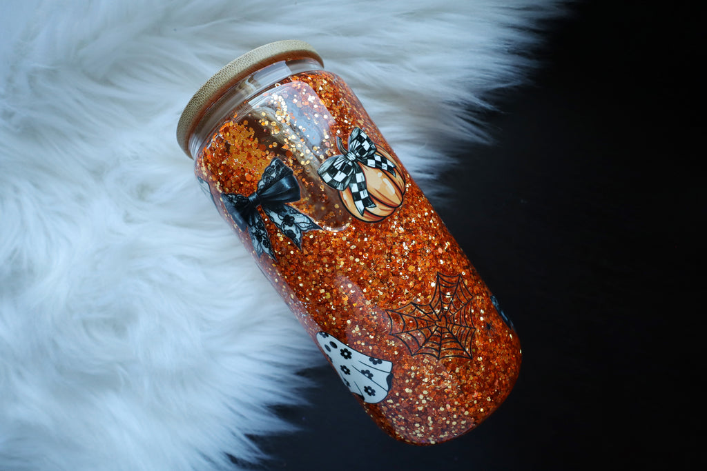 14oz Glass Snow Globe Can Tumbler - Pumpkins & Bows