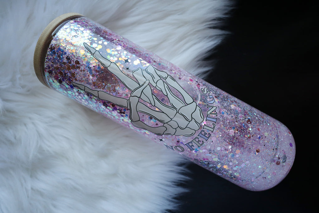 20oz Glass Snow Globe Tumbler - No Feelings Skelly