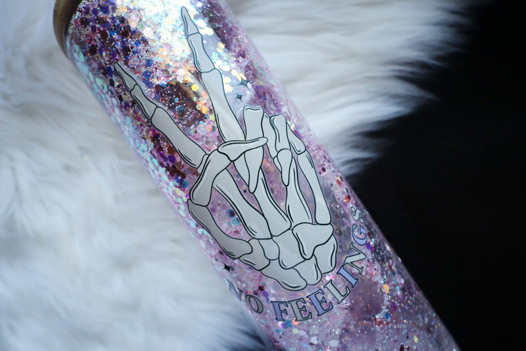 20oz Glass Snow Globe Tumbler - No Feelings Skelly