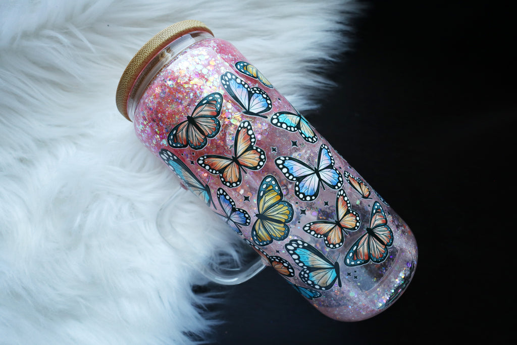 16oz Glass Snow Globe Mug Tumbler - Butterflies