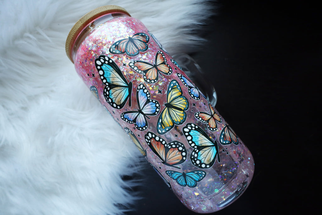 16oz Glass Snow Globe Mug Tumbler - Butterflies