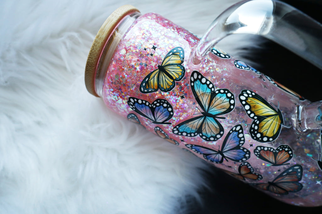 16oz Glass Snow Globe Mug Tumbler - Butterflies