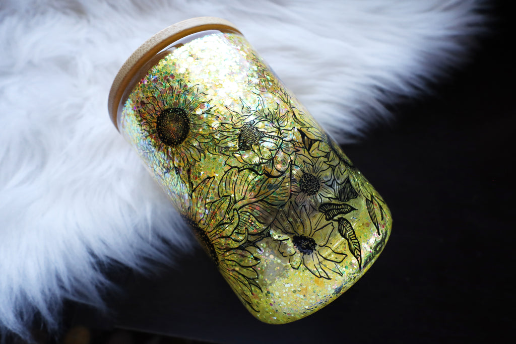 12oz Glass Snow Globe Mug Tumbler - Sunflowers