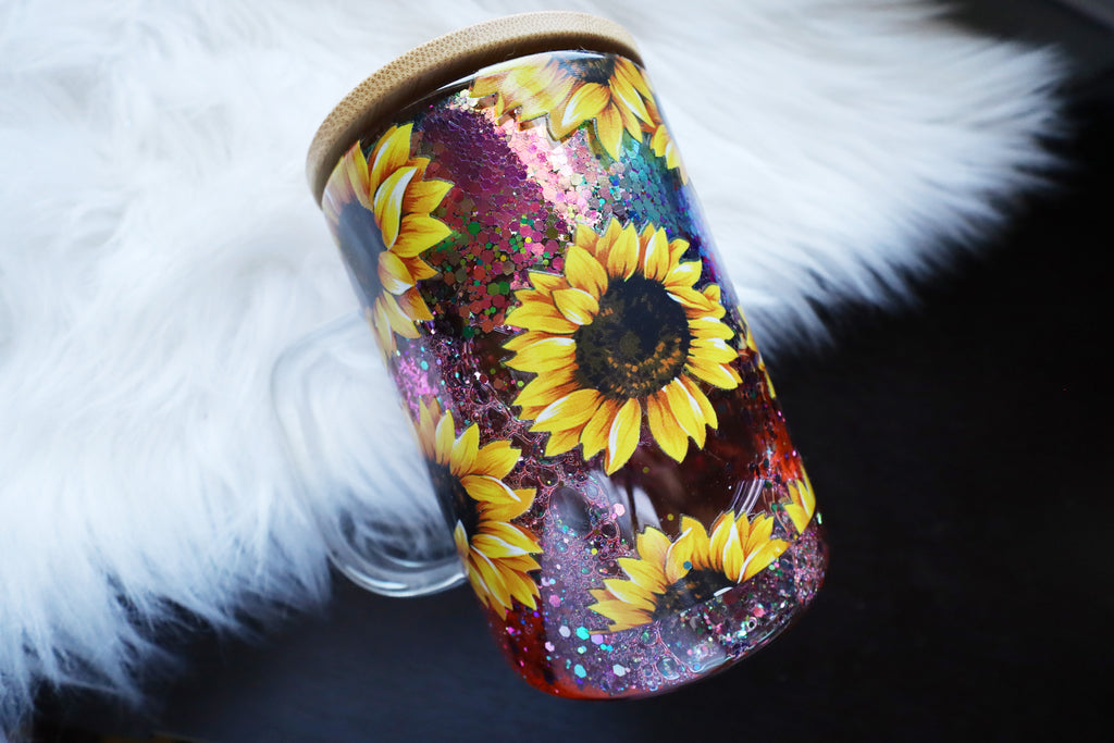 12oz Glass Snow Globe Mug Tumbler - Fall Sunflowers