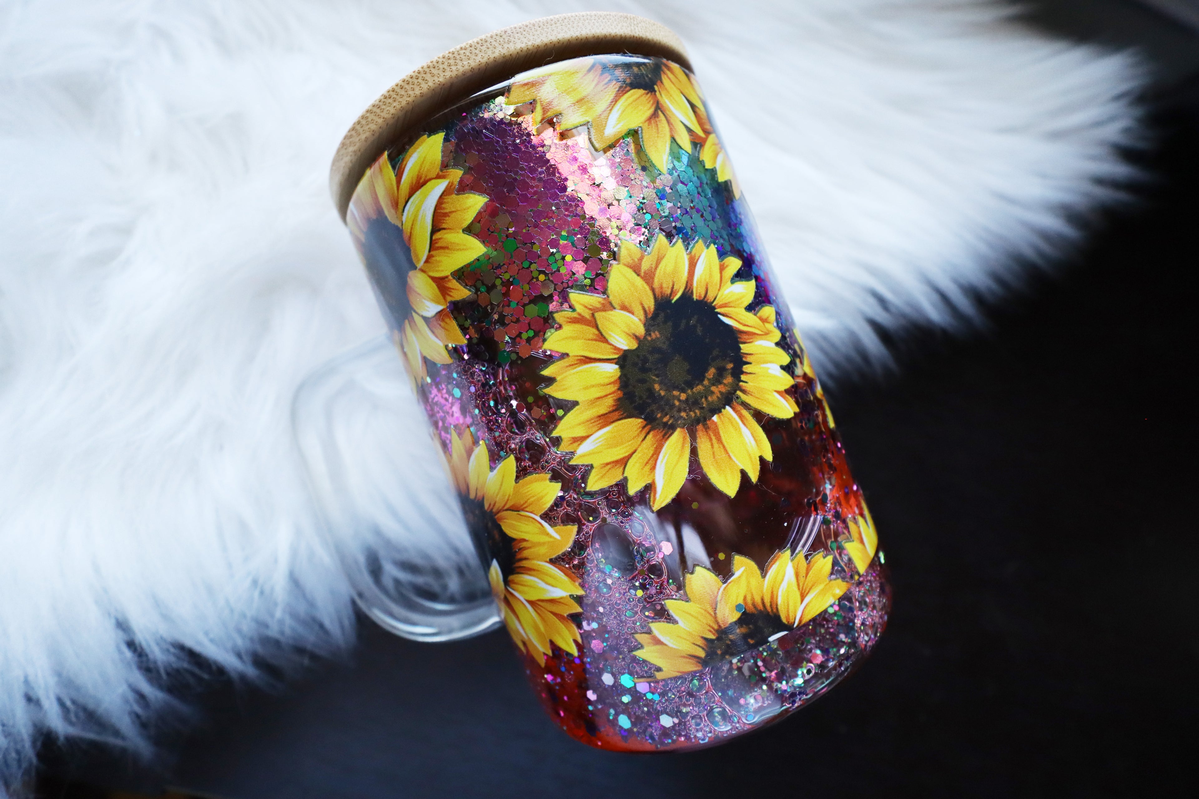 12oz Glass Snow Globe Mug Tumbler - Fall Sunflowers