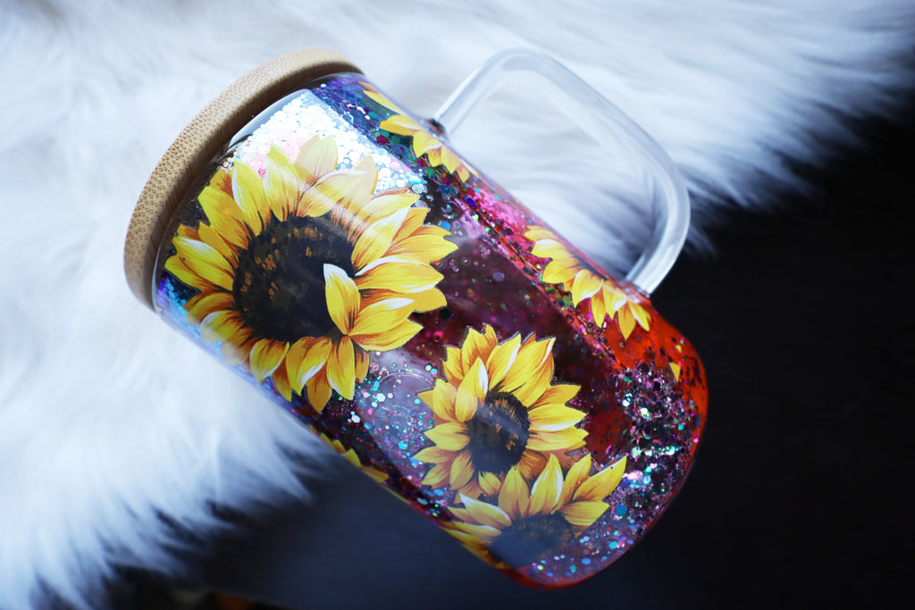 12oz Glass Snow Globe Mug Tumbler - Fall Sunflowers
