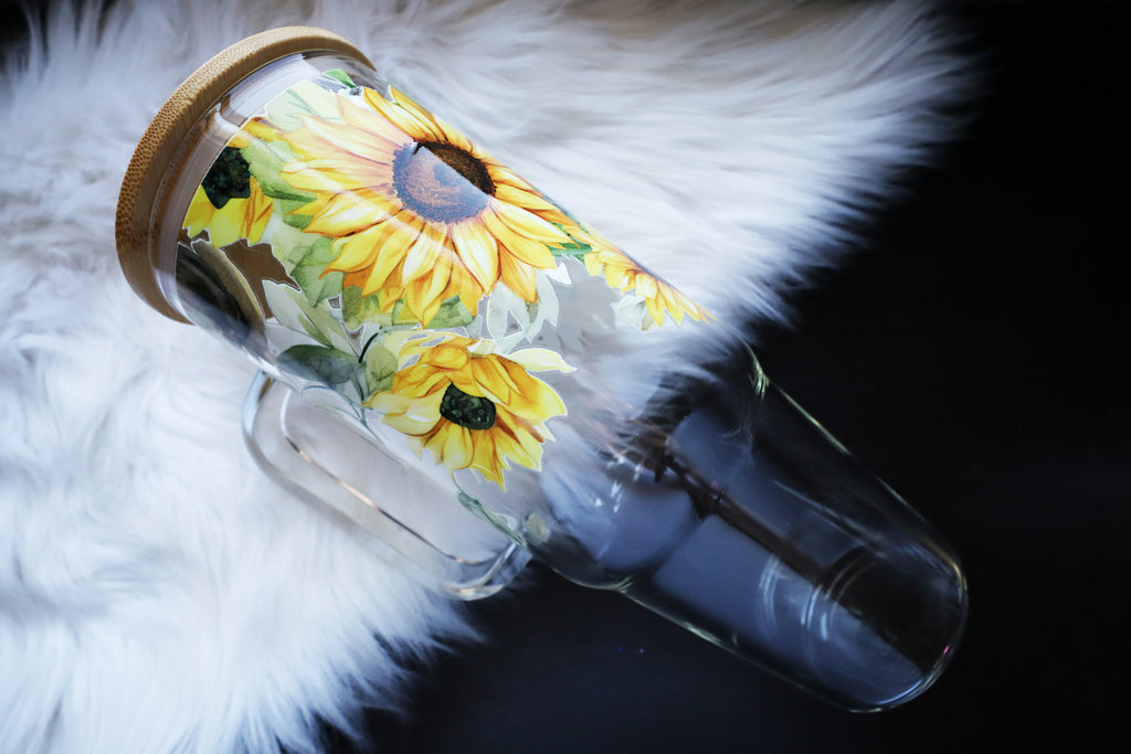 40oz Glass Tumbler with Handle - Sunflowers