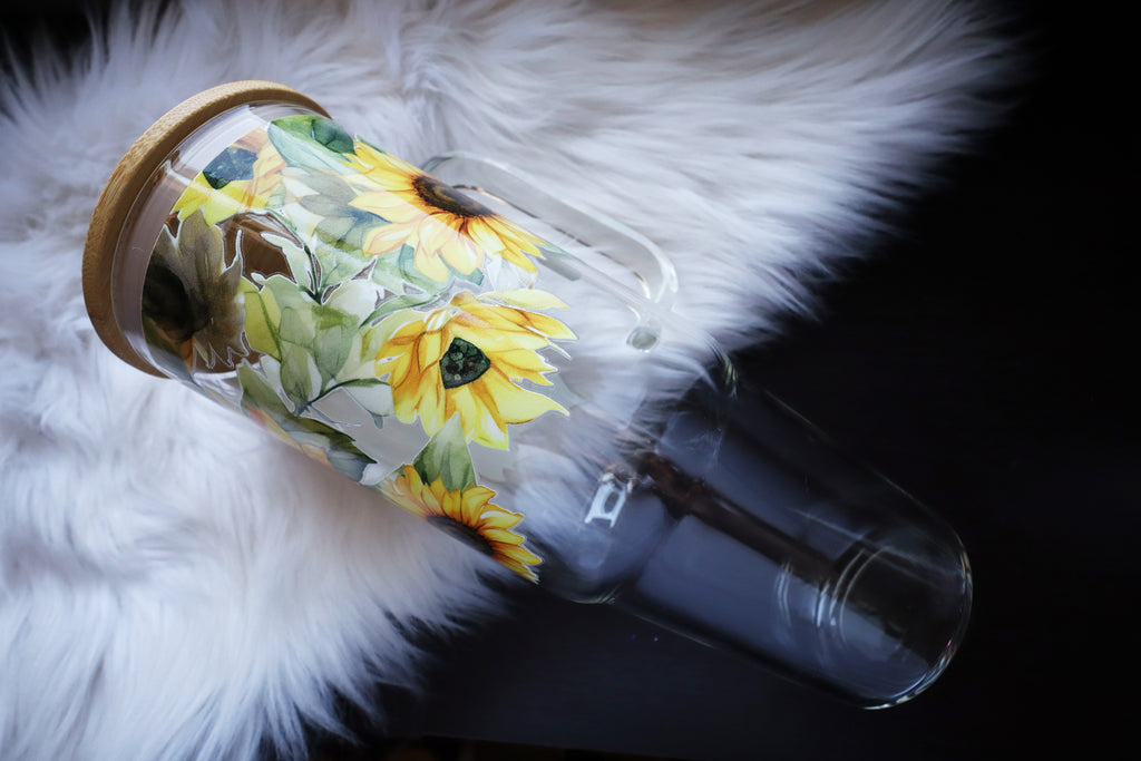 40oz Glass Tumbler with Handle - Sunflowers