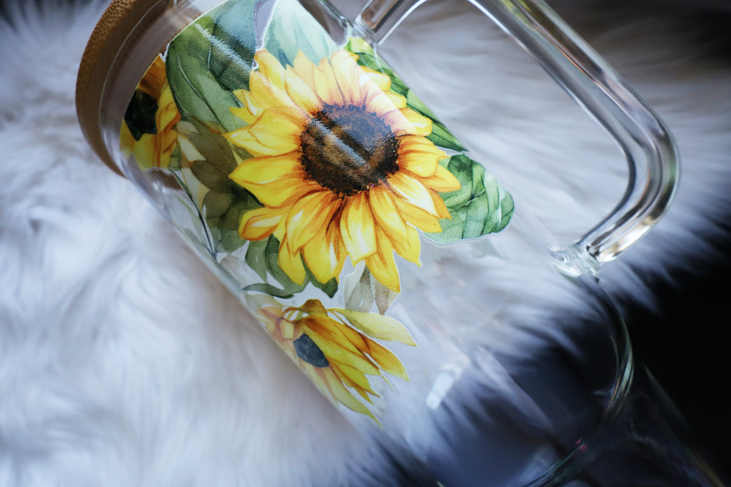 40oz Glass Tumbler with Handle - Sunflowers
