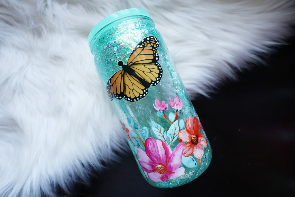 16oz Acrylic Snow Globe Tumbler - Mint Floral