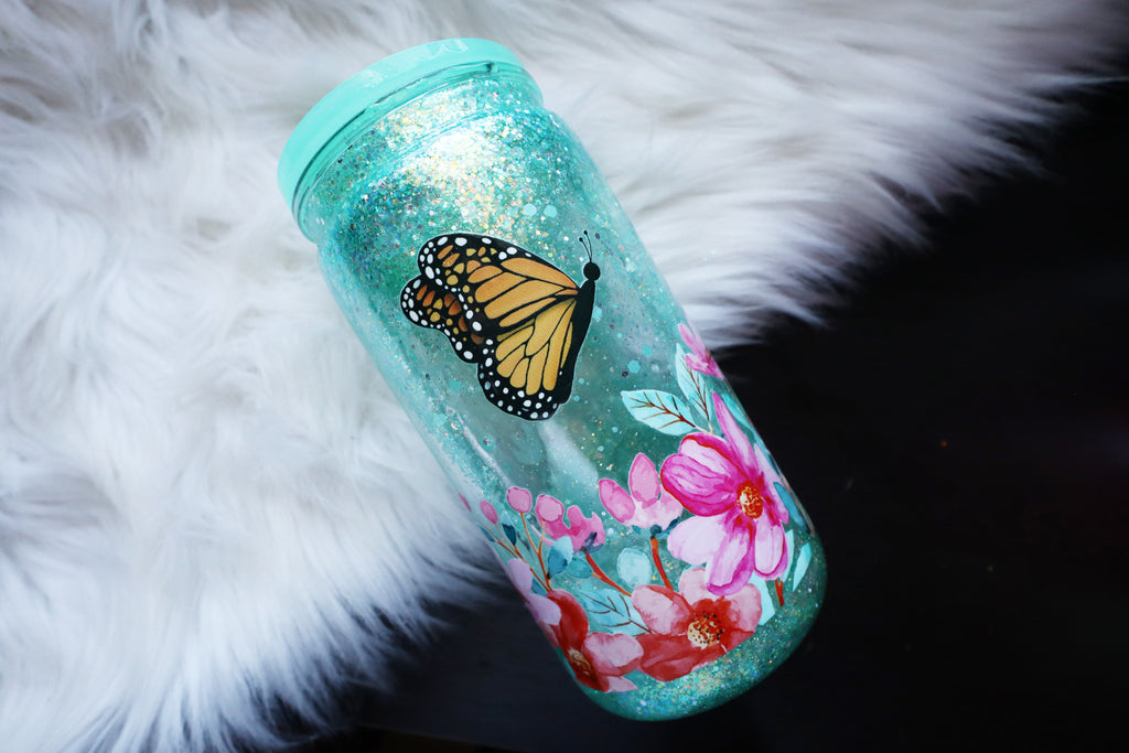 16oz Acrylic Snow Globe Tumbler - Mint Floral
