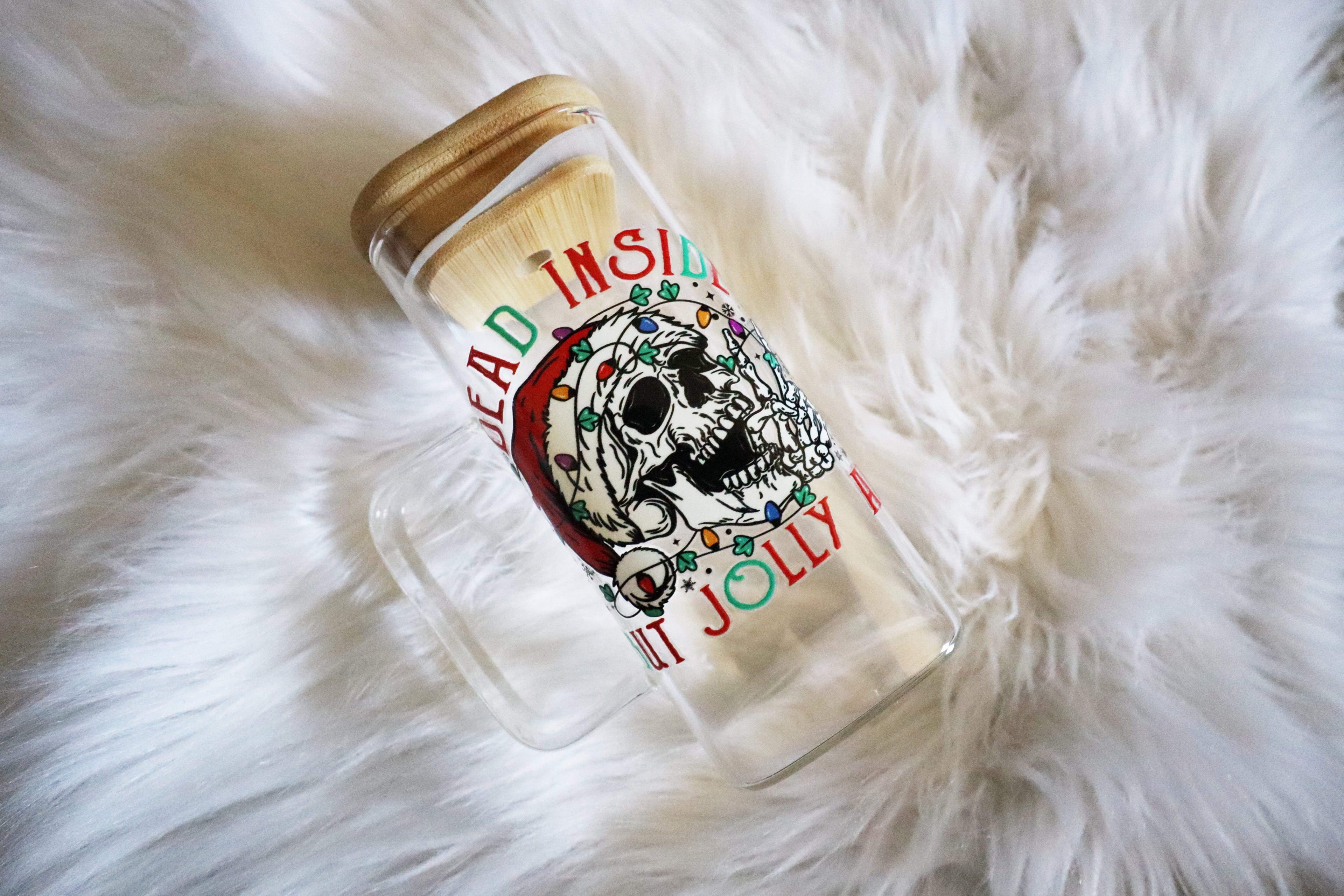 10oz Glass Mug - Dead Inside But Jolly Skelly