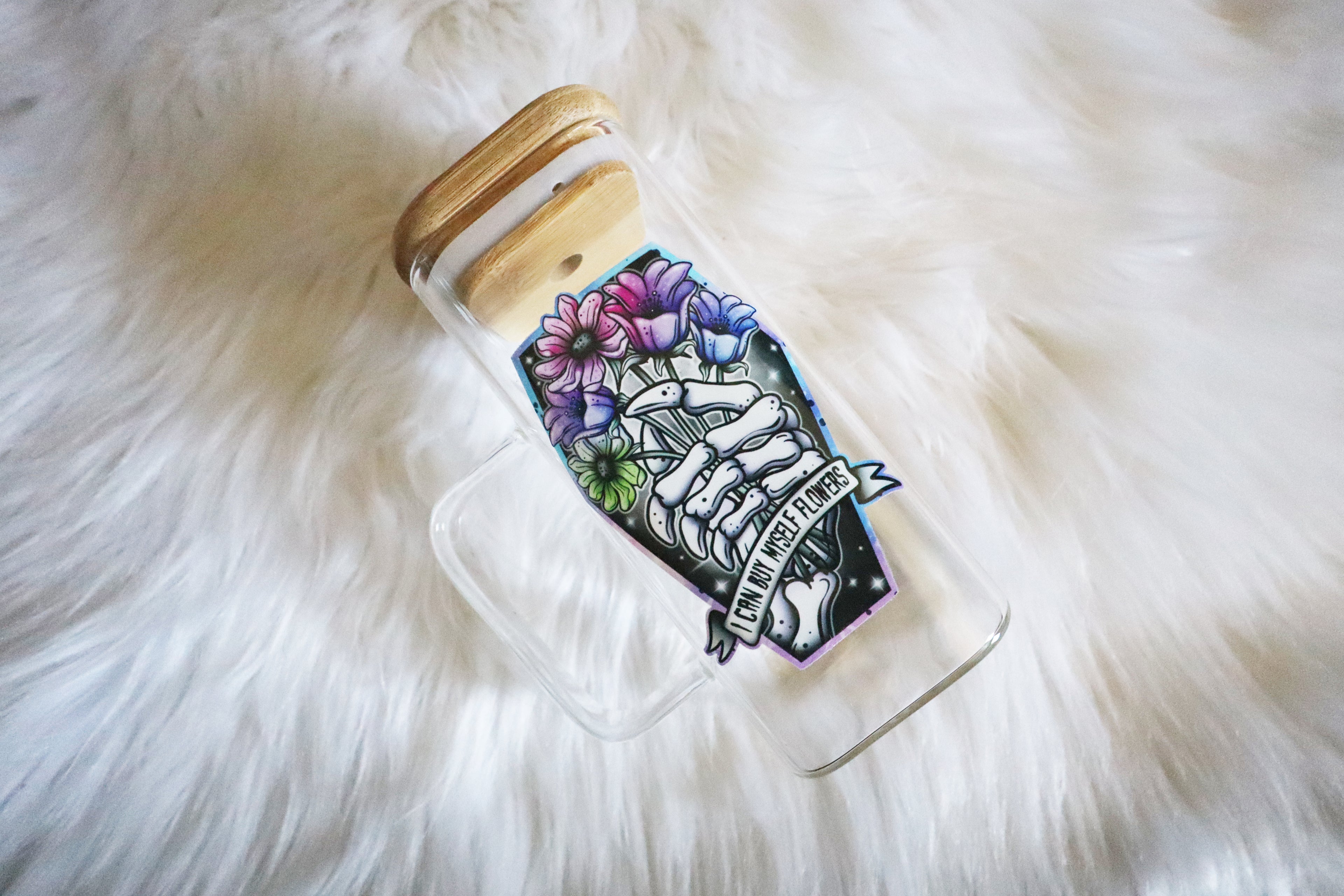 10oz Glass Mug - I Can Buy Myself Flowers Skelly