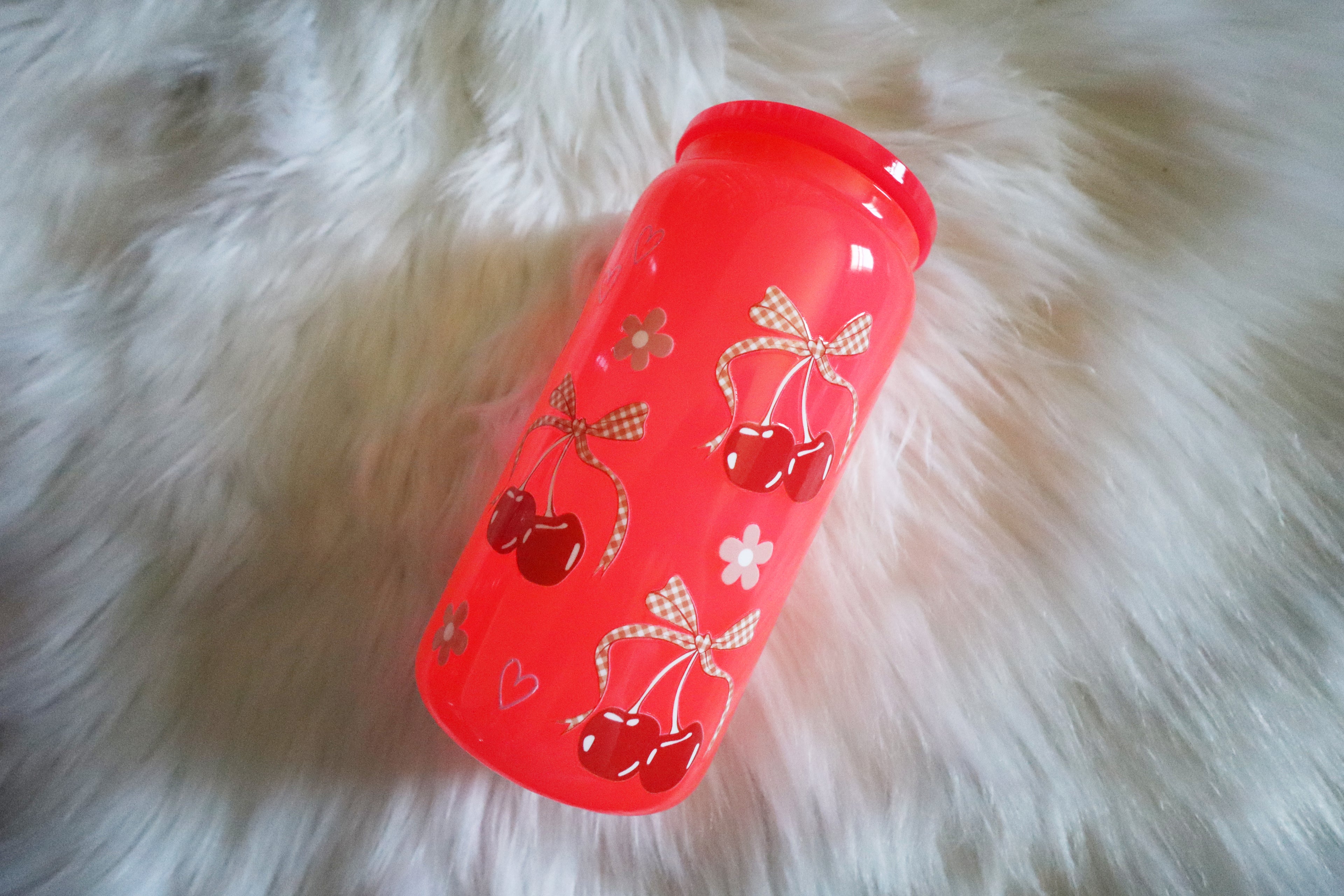 12oz Hot Pink Glass Can Tumbler - Cherries & Bows