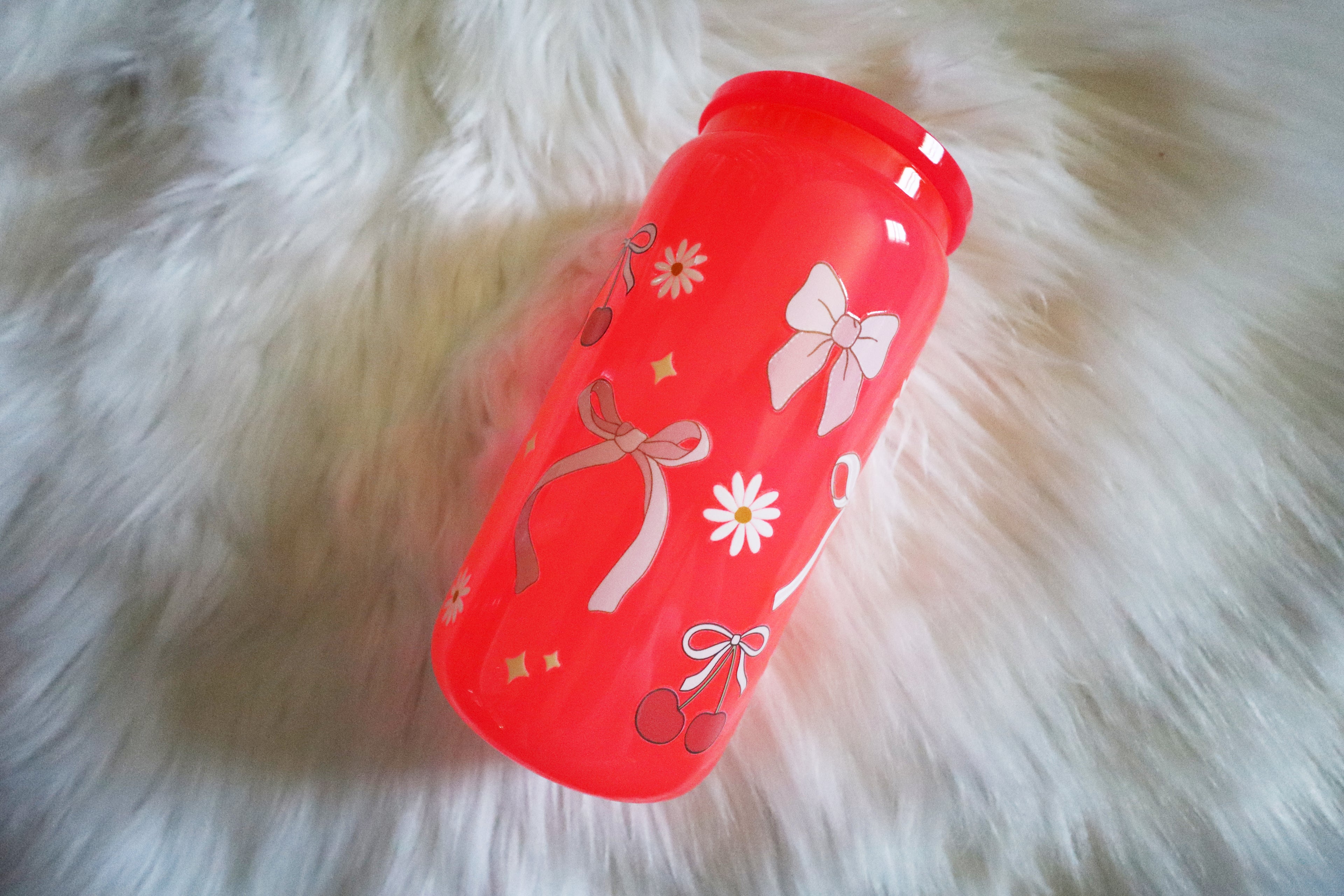 12oz Hot Pink Glass Can Tumbler - Floral Bows & Cherries