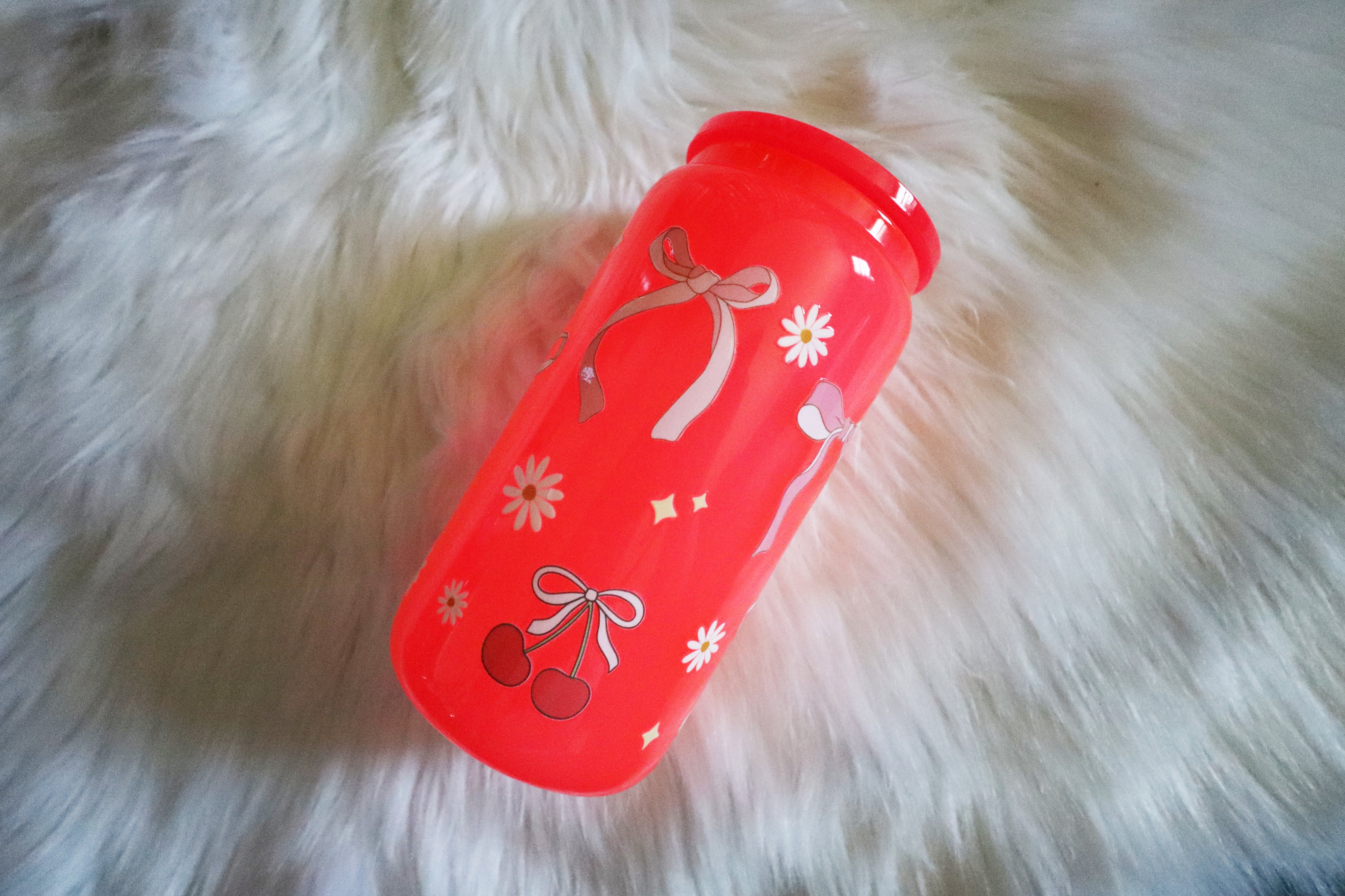 12oz Hot Pink Glass Can Tumbler - Floral Bows & Cherries