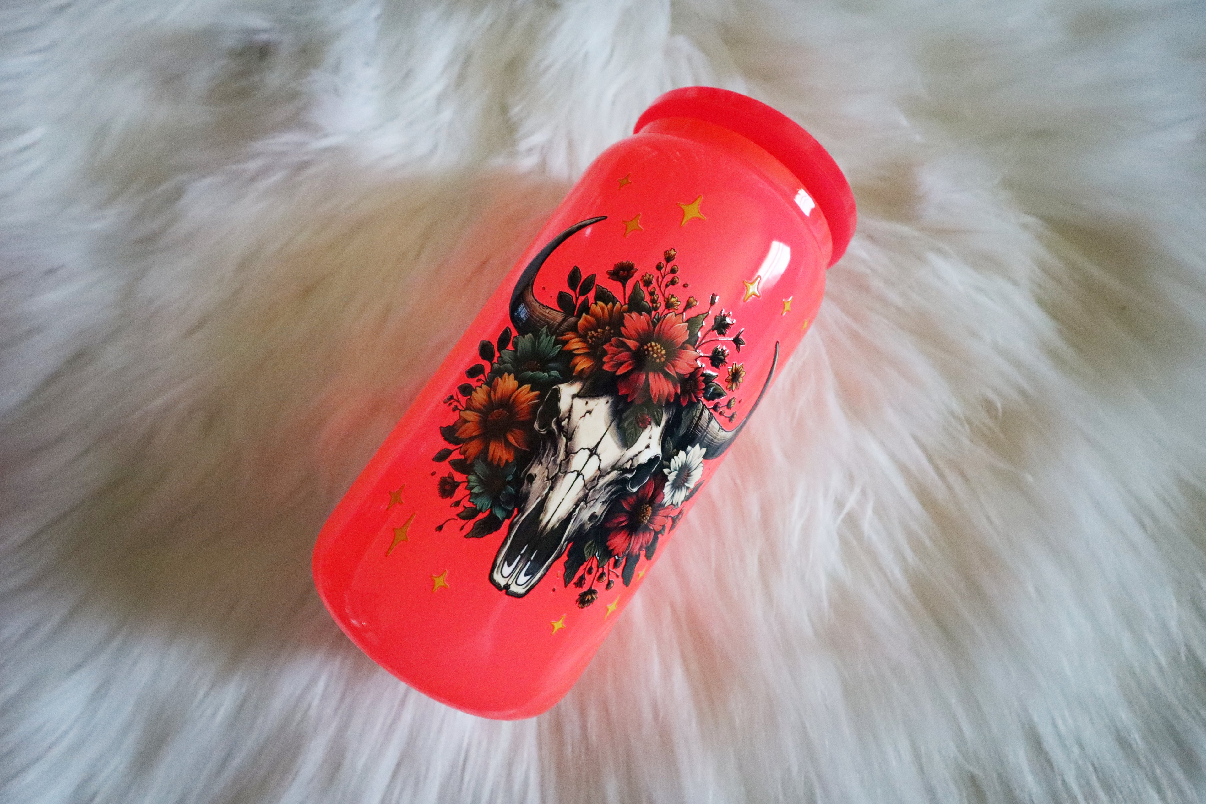12oz Hot Pink Glass Can Tumbler - Floral Antlers
