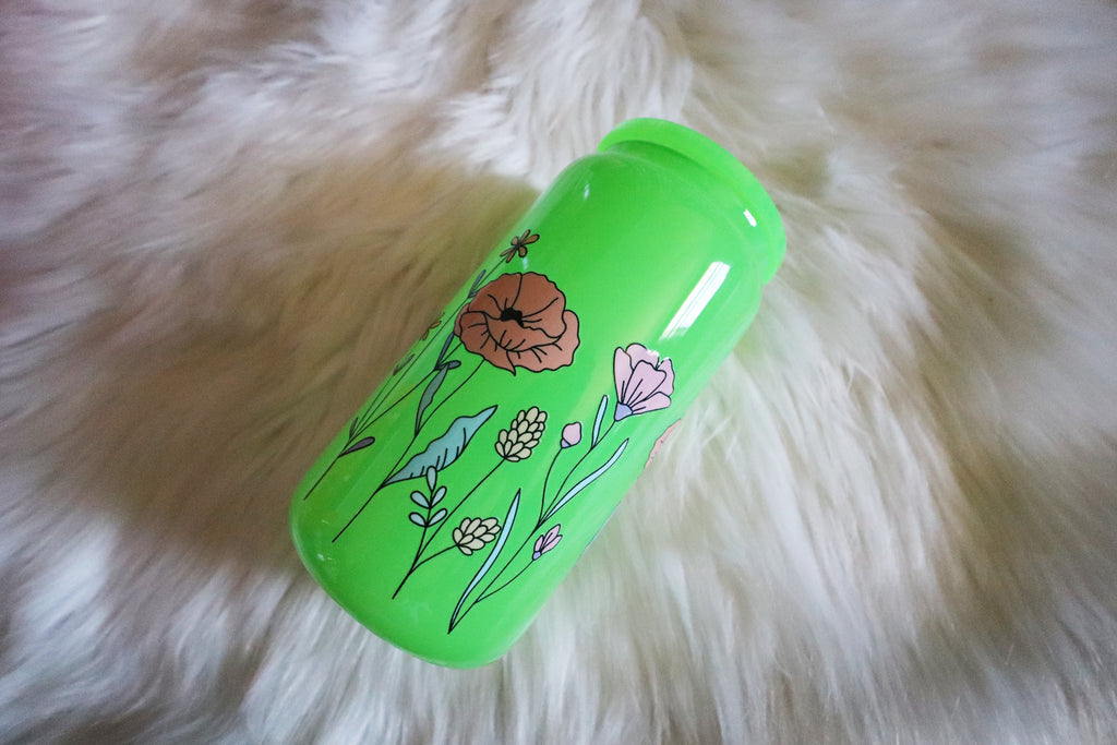 12oz Green Glass Can Tumbler - Reading Floral