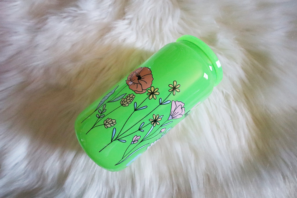 12oz Green Glass Can Tumbler - Reading Floral