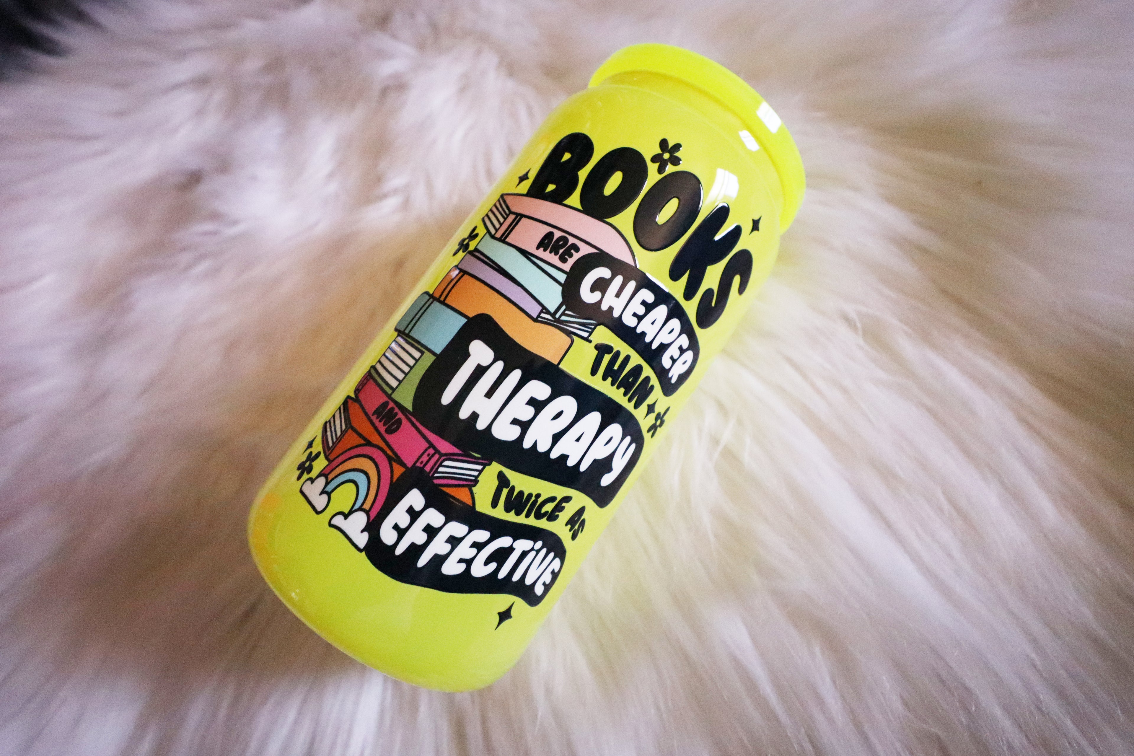 12oz Yellow Glass Can Tumbler - Books Are Cheaper Than Therapy