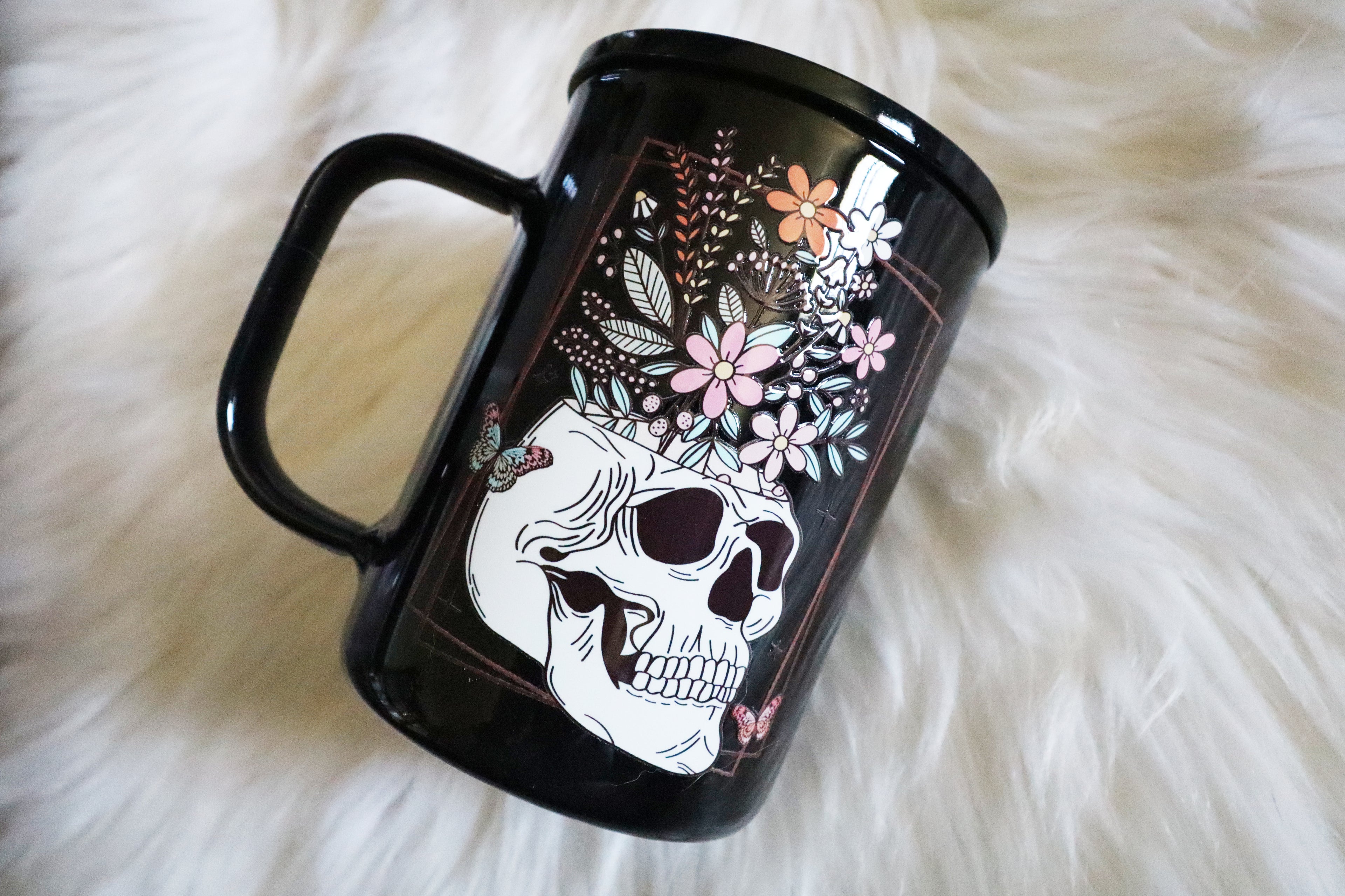 12oz Glass Black Mug Tumbler - Floral Skelly
