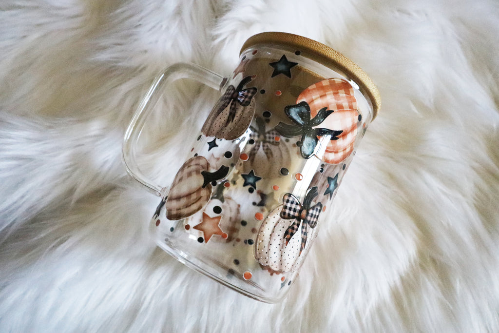 12oz Glass Mug Tumbler - Plaid Pumpkins