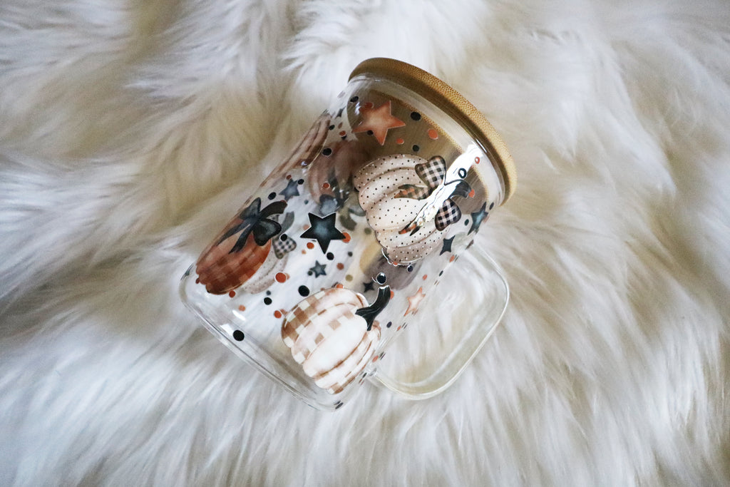 12oz Glass Mug Tumbler - Plaid Pumpkins