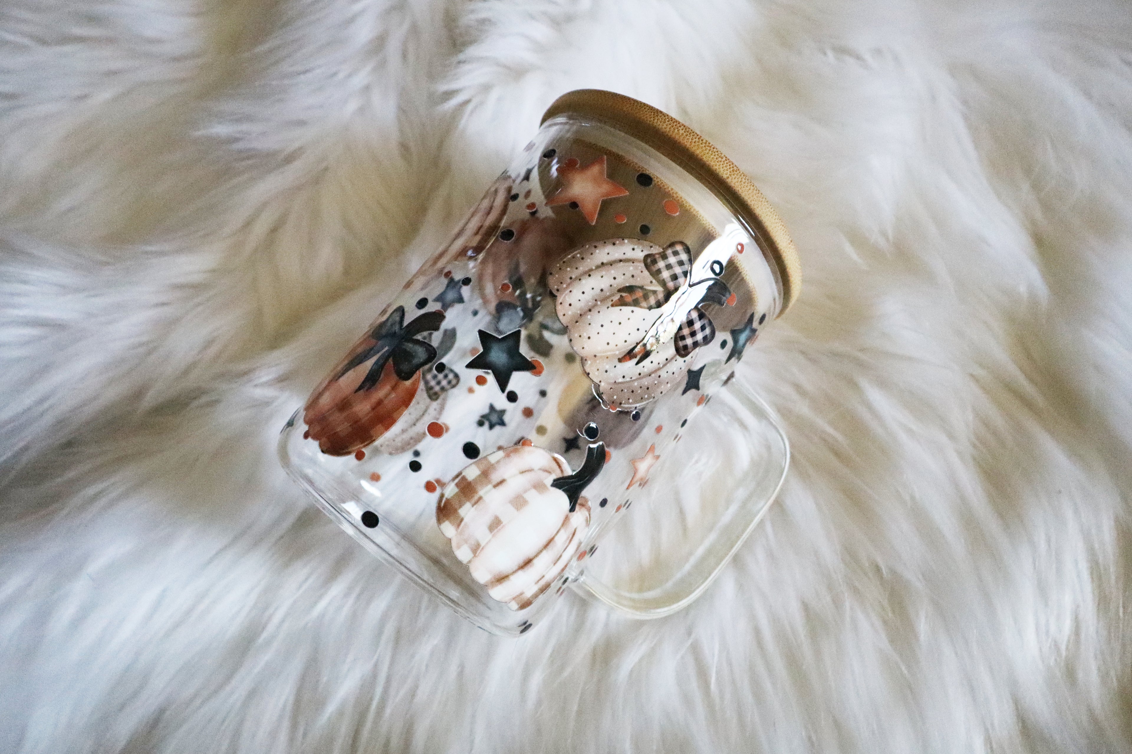 12oz Glass Mug Tumbler - Plaid Pumpkins