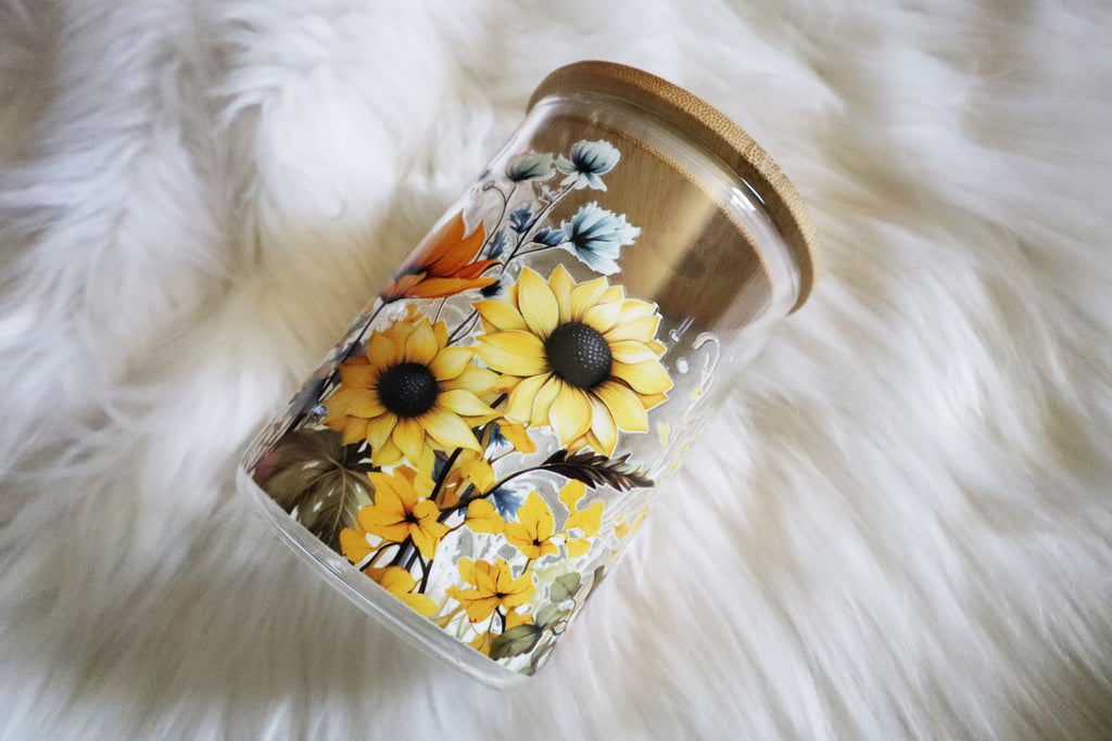 12oz Glass Mug Tumbler - Sunflowers