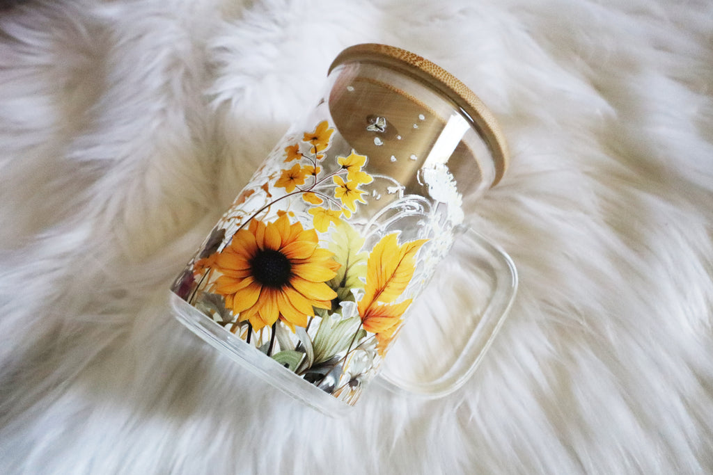 12oz Glass Mug Tumbler - Sunflowers