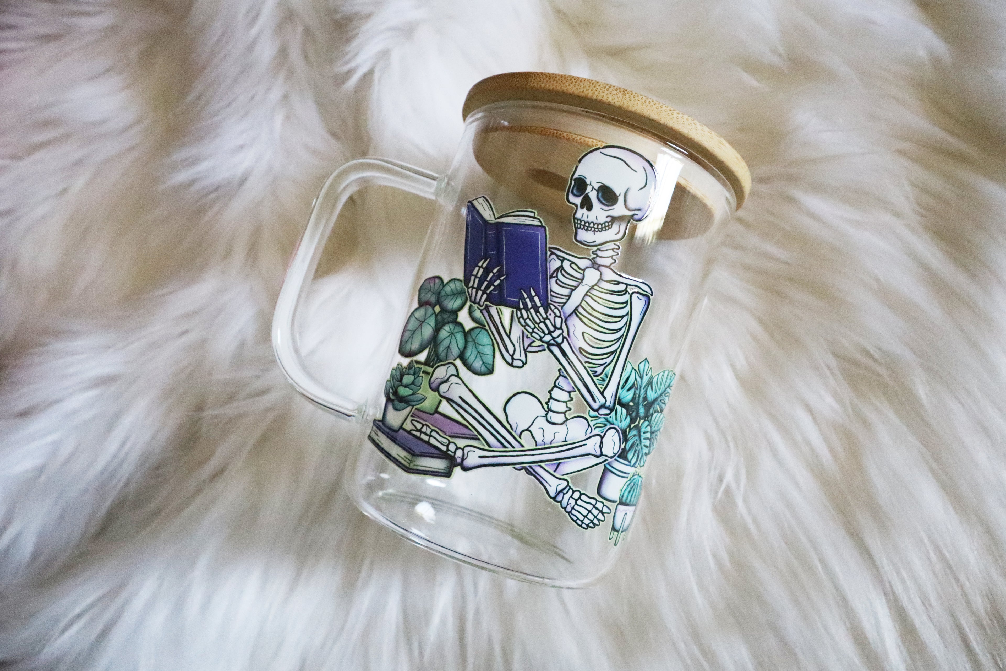 12oz Glass Mug Tumbler - Books & Plants Skelly