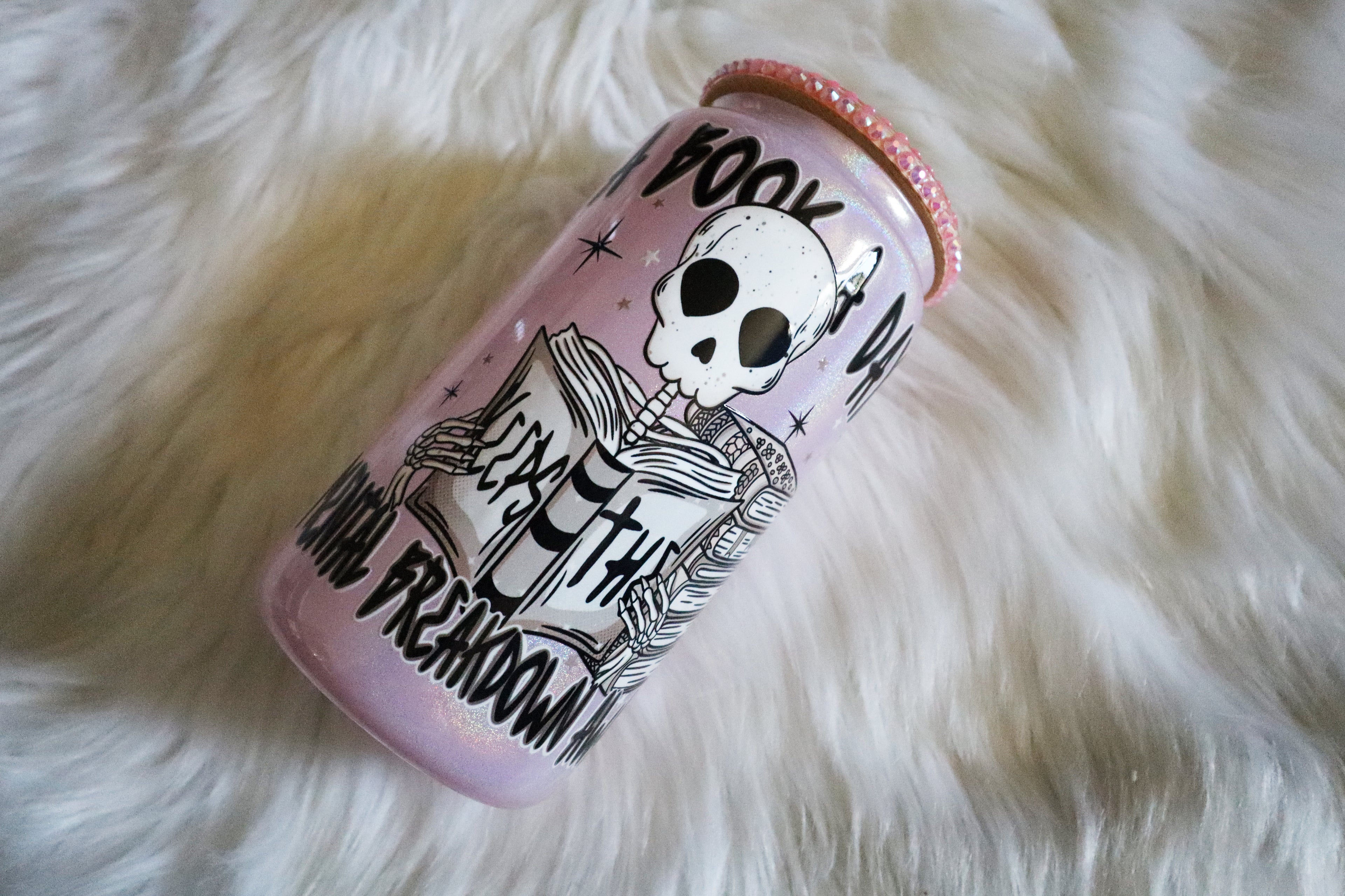 12oz Glass Can Bling Lid Tumbler - A Book A Day (Oopsie Tumbler - Pls Read Description)