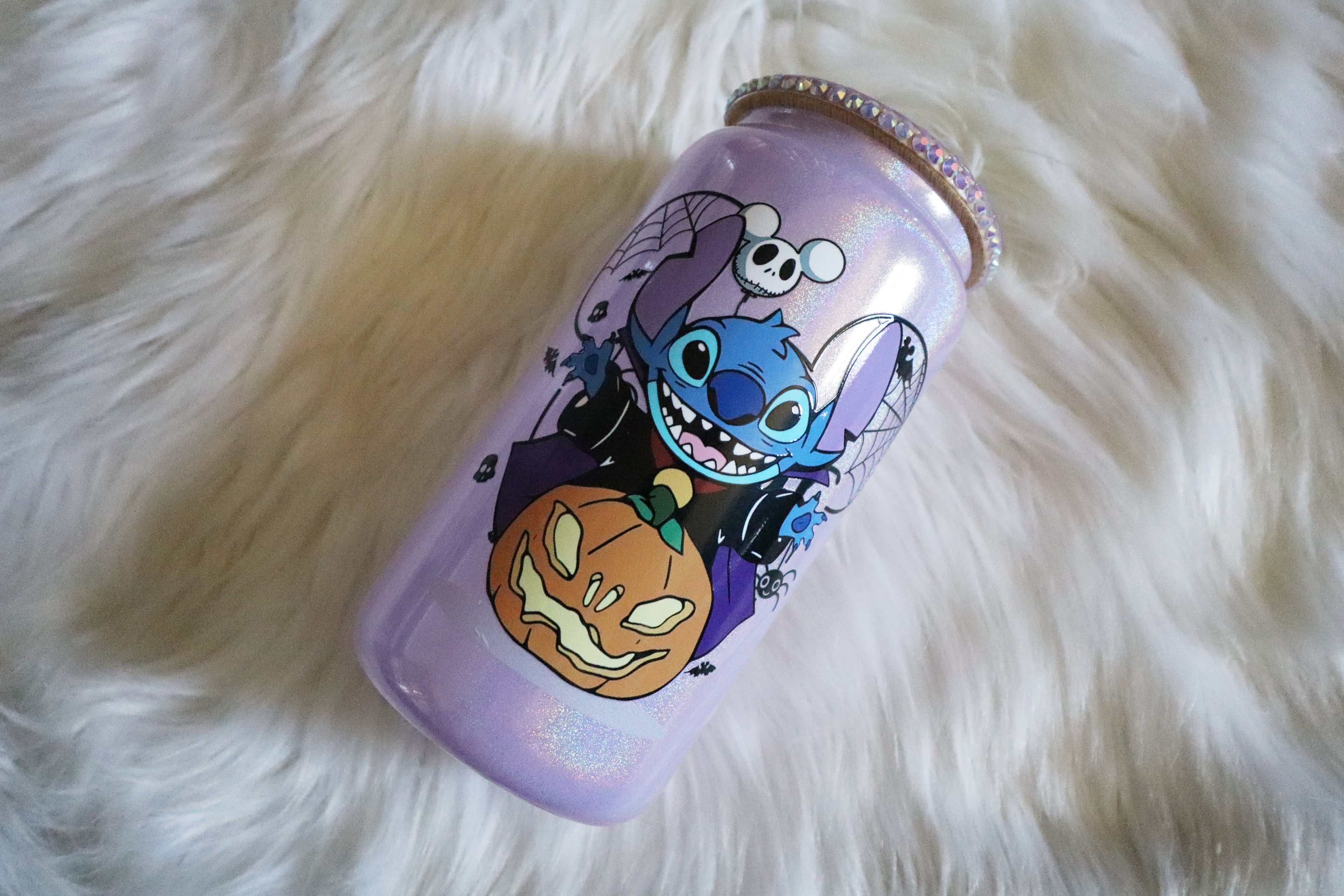 12oz Glass Can Bling Lid Tumbler - Spooky Stitch (Oopsie Tumbler - Pls Read Description)