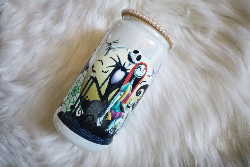 12oz Glass Can Bling Lid Tumbler - Spooky Characters (Oopsie Tumbler - Pls Read Description)
