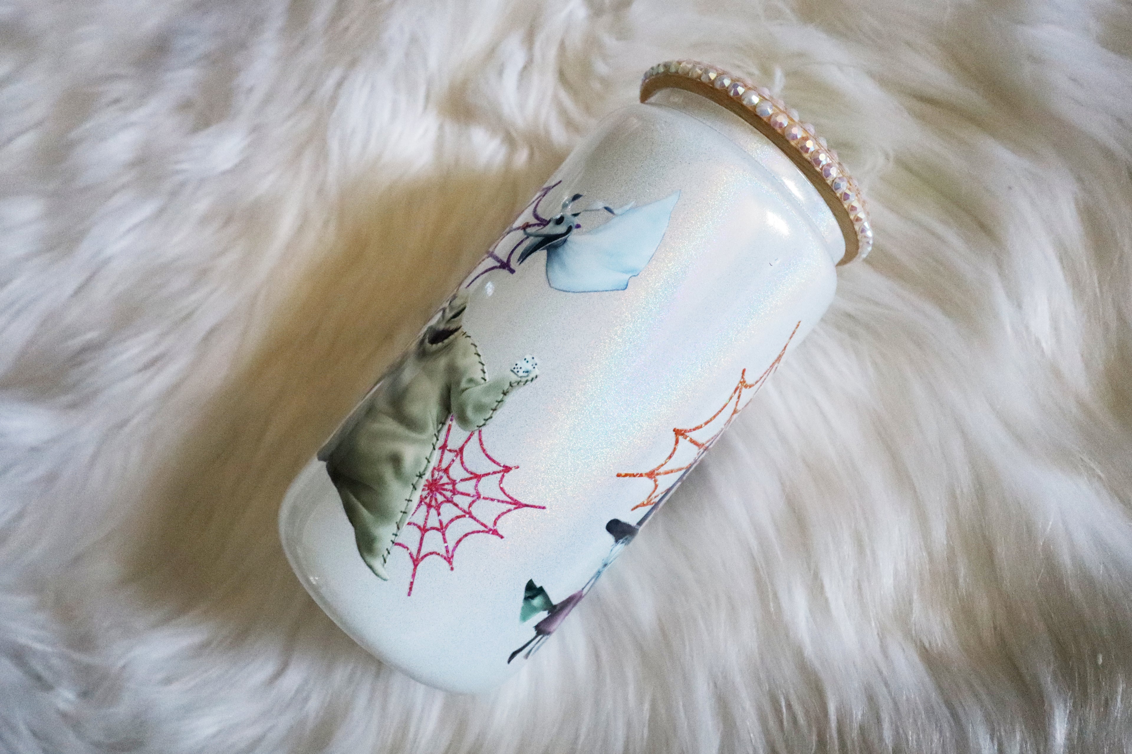 12oz Glass Can Bling Lid Tumbler - Spooky Characters (Oopsie Tumbler - Pls Read Description)