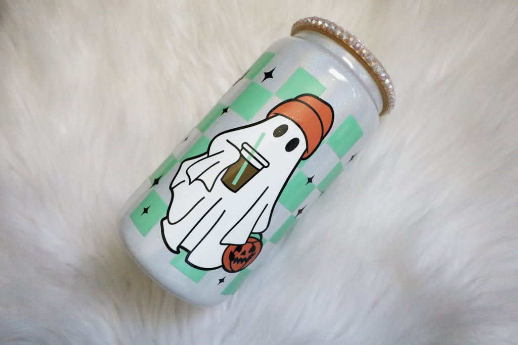 12oz Glass Can Bling Lid Tumbler - Ghost Iced Coffee (Oopsie Tumbler - Pls Read Description)