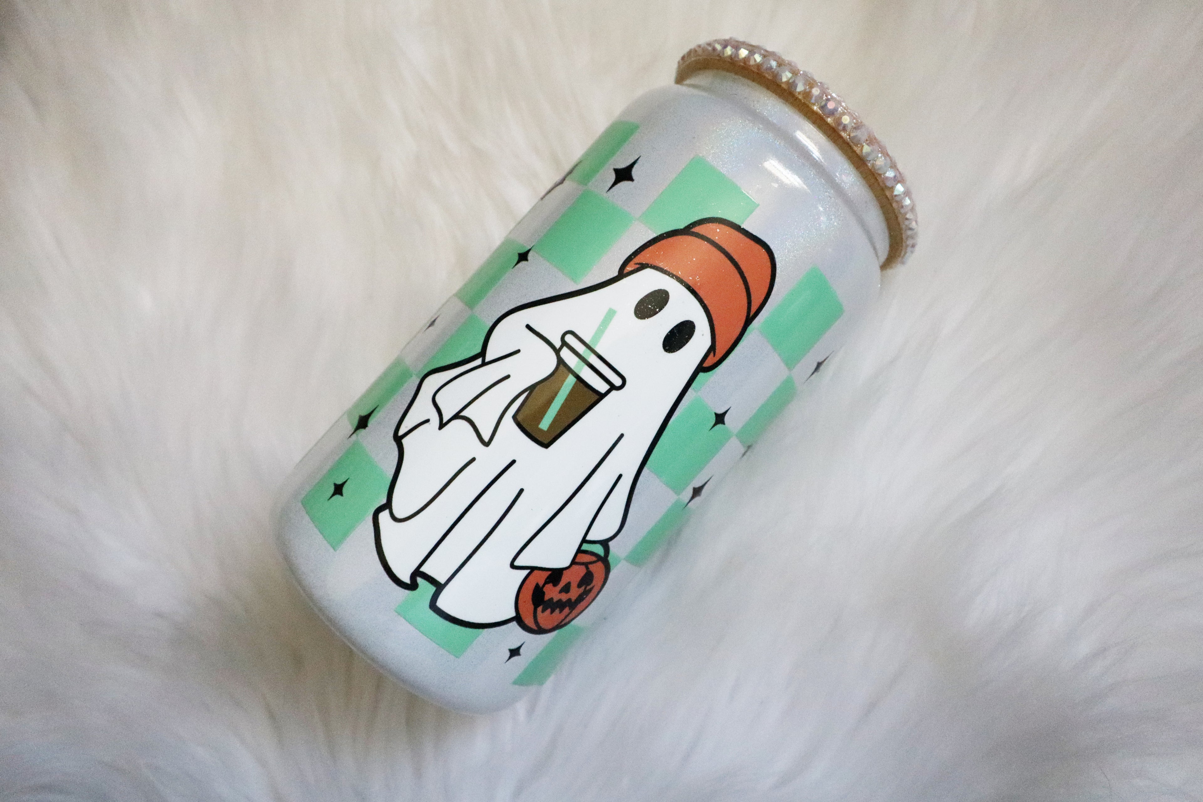 12oz Glass Can Bling Lid Tumbler - Ghost Iced Coffee (Oopsie Tumbler - Pls Read Description)