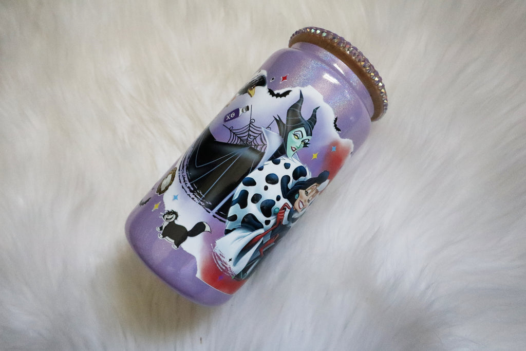 12oz Glass Can Bling Lid Tumbler - Villains (Oopsie Tumbler - Pls Read Description)