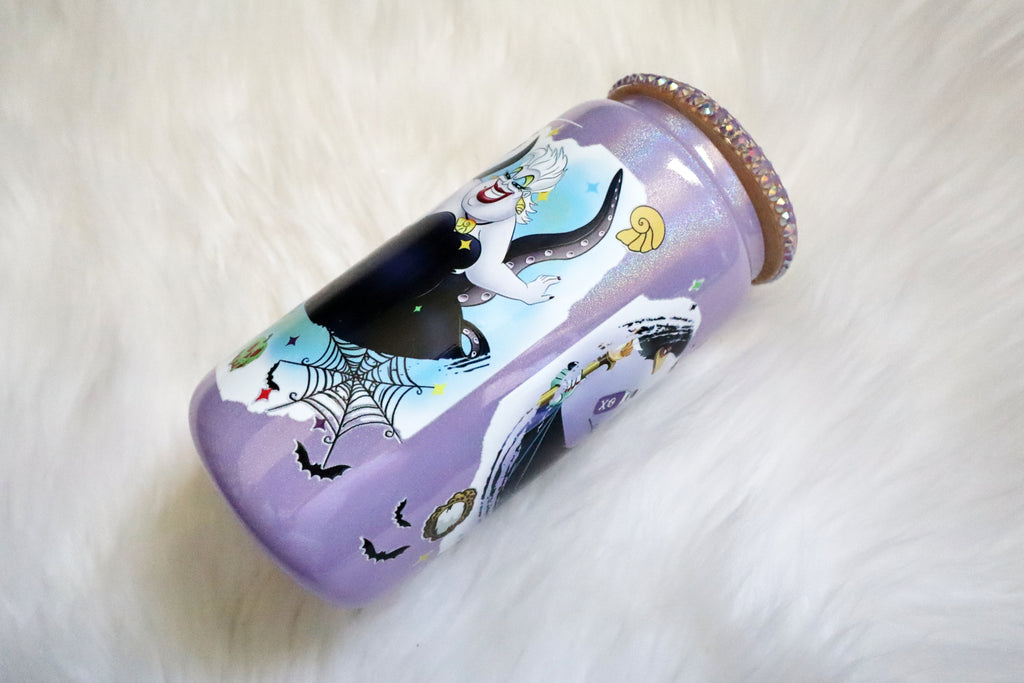 12oz Glass Can Bling Lid Tumbler - Villains (Oopsie Tumbler - Pls Read Description)
