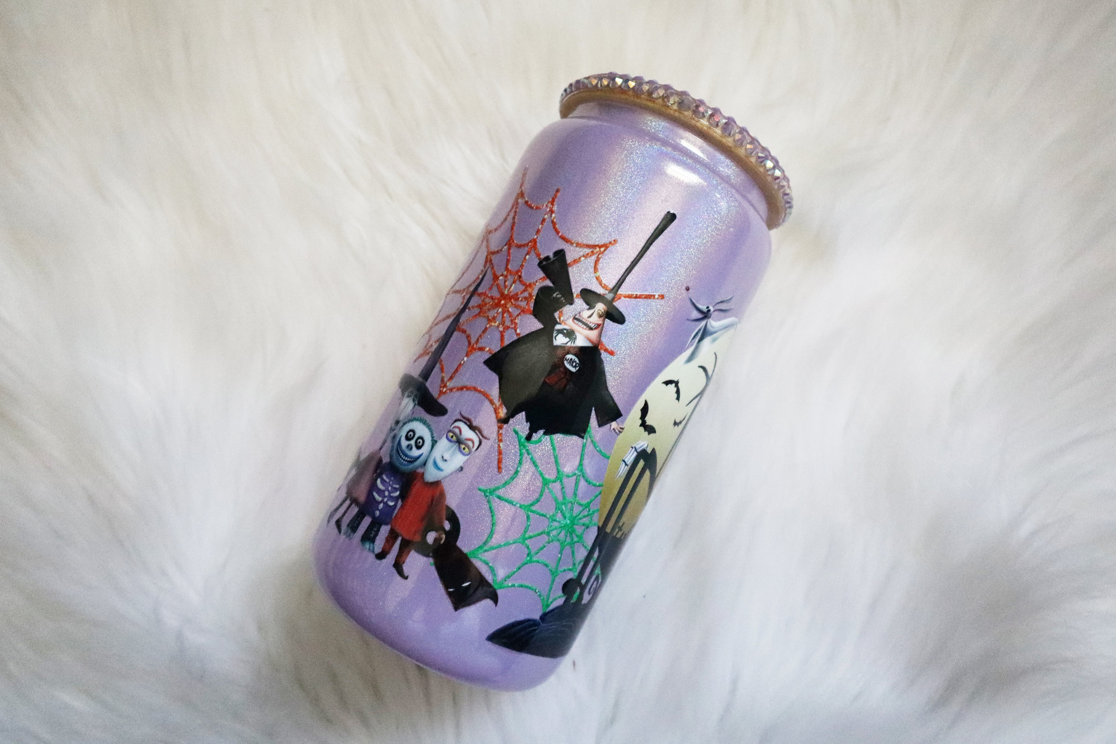 12oz Glass Can Bling Lid Tumbler - Spooky Characters (Oopsie Tumbler - Pls Read Description)