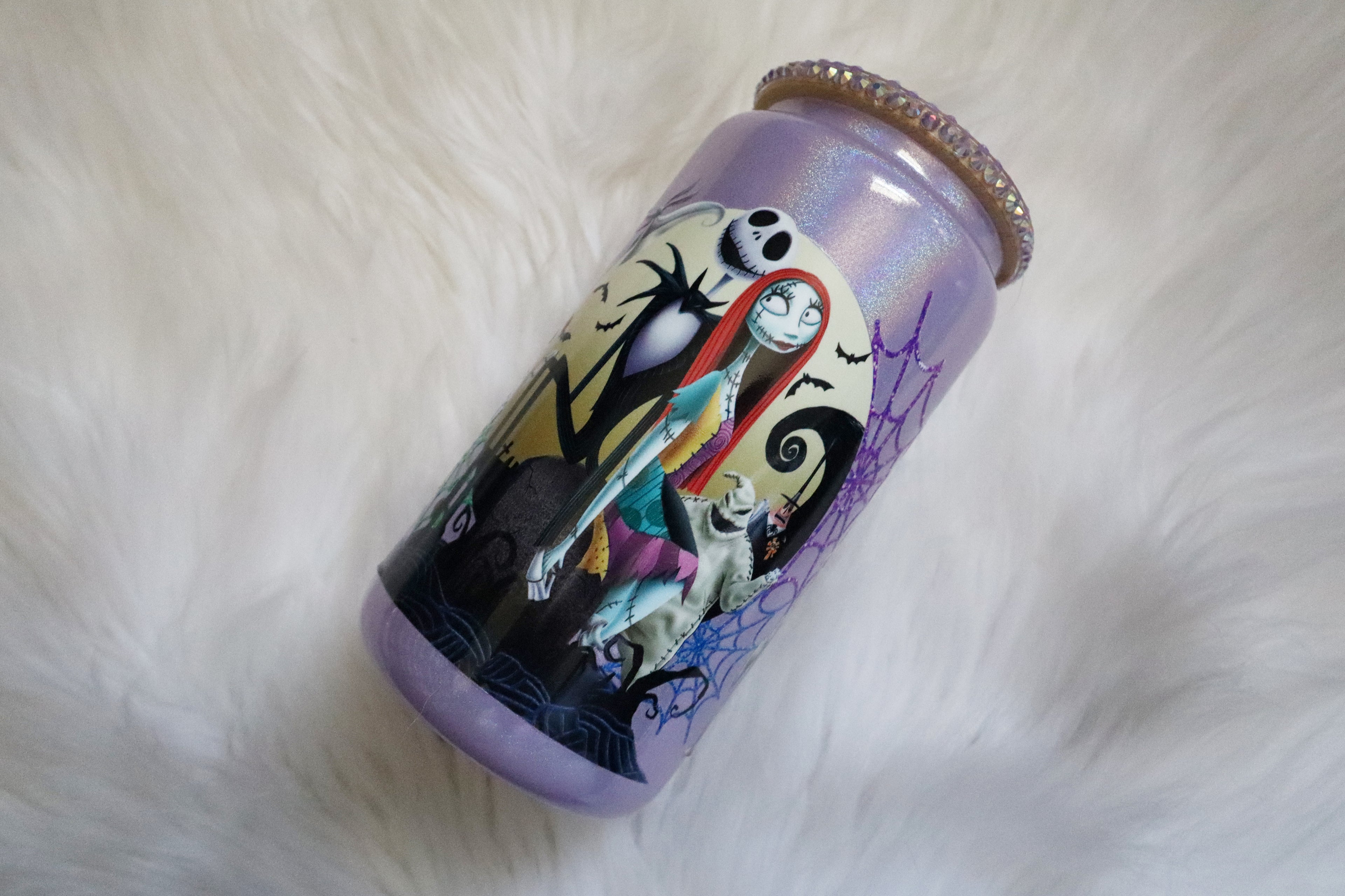 12oz Glass Can Bling Lid Tumbler - Spooky Characters (Oopsie Tumbler - Pls Read Description)