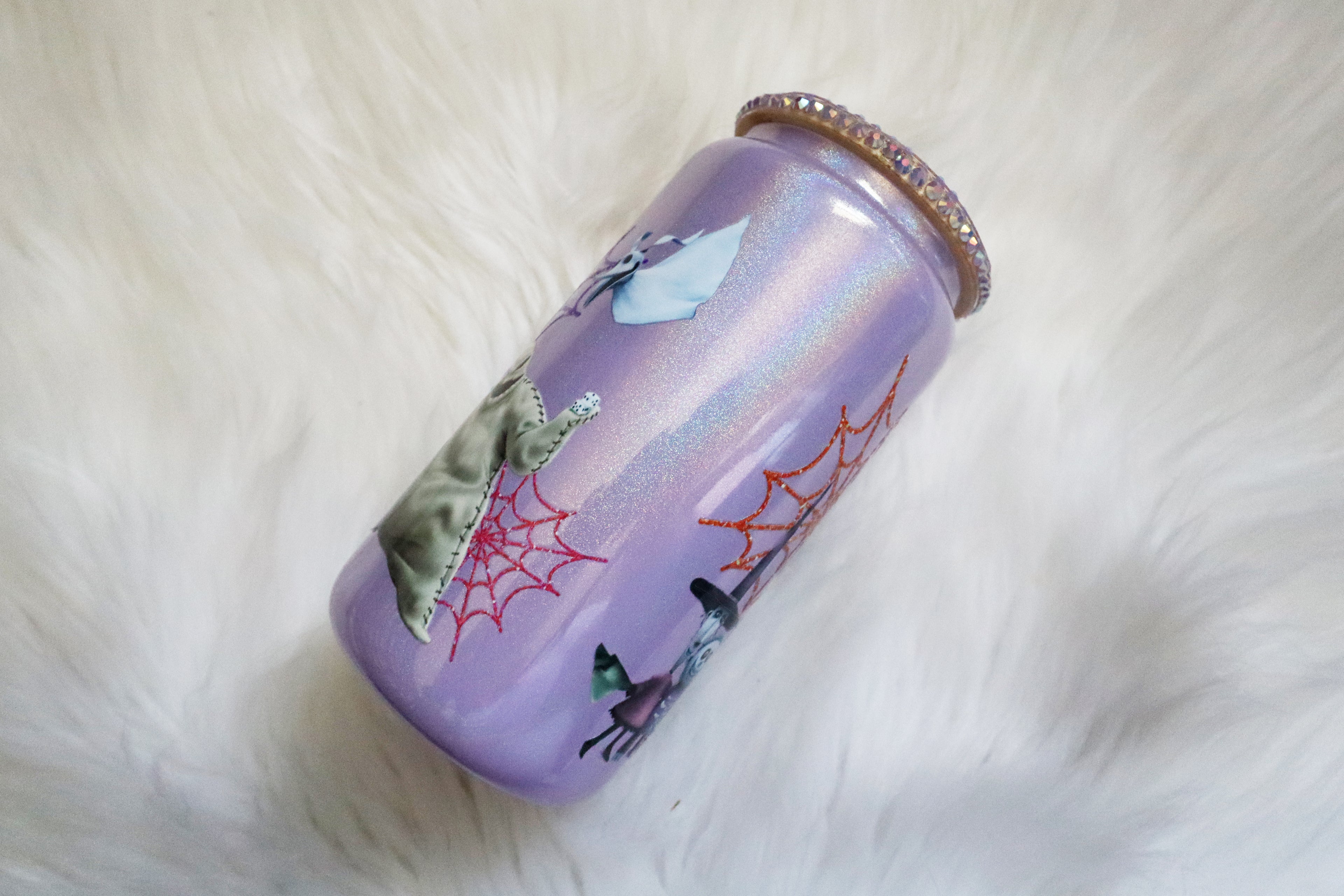 12oz Glass Can Bling Lid Tumbler - Spooky Characters (Oopsie Tumbler - Pls Read Description)